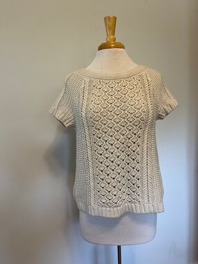 Loft Cable Knit Short Sleeve Sweater Ecru Size Small Short Sleeve 100% Cotton